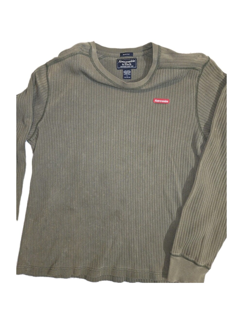 vintage abercrombie fitch olive Green Muscle Shirt Mens Thermal L/S Ribbed...